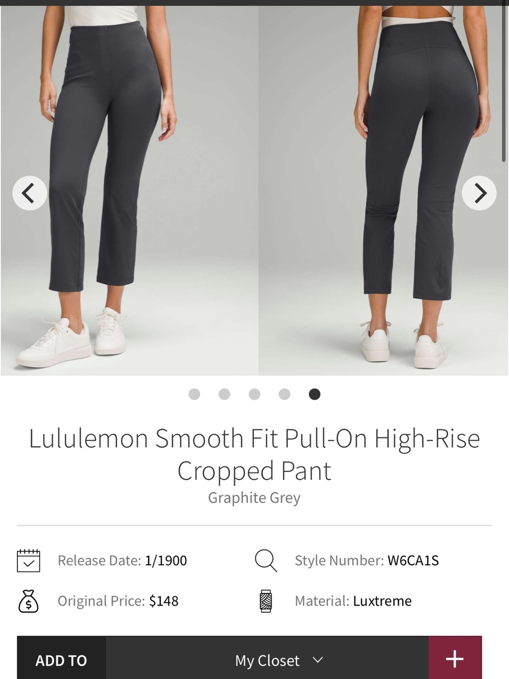 143-$75 *FREE SHIP* Lululemon Smooth Pull-On High-Rise Crop Pant Graphite Grey 2